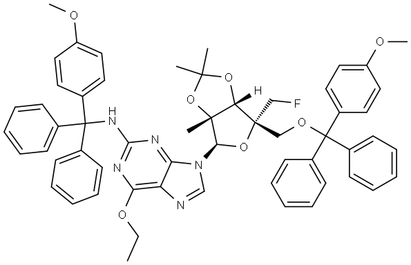 6-O-Ethyl-4′-C-(fluoromethyl)-N-[(4-methoxyphenyl)diphenylmethyl]-5′-O-[(4-methoxyphenyl)diphenylmethyl]-2′-C-methyl-2′,3′-O-(1-methylethylidene)guanosine Structure