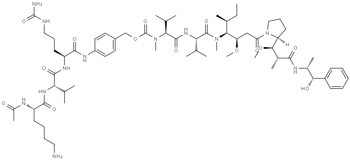 L-Valinamide, N-[[[4-[[N2-acetyl-L-lysyl-L-valyl-N5-(aminocarbonyl)-L-ornithyl]amino]phenyl]methoxy]carbonyl]-N-methyl-L-valyl-N-[(1S,2R)-4-[(2S)-2-[(1R,2R)-3-[[(1R,2S)-2-hydroxy-1-methyl-2-phenylethyl]amino]-1-methoxy-2-methyl-3-oxopropyl]-1-pyrrolidinyl]-2-methoxy-1-[(1S)-1-methylpropyl]-4-oxobuty... Structure