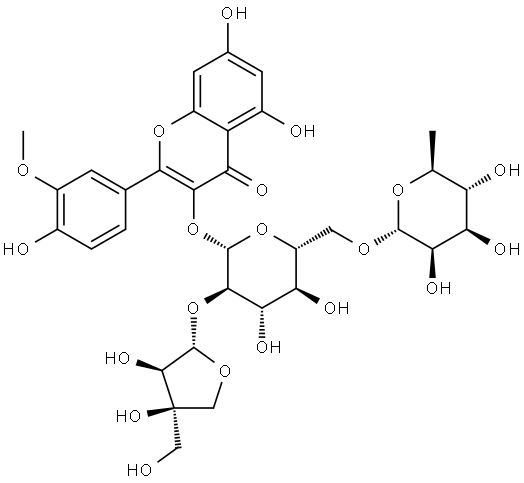 4H-1-Benzopyran-4-one, 3-[(O-D-apio-β-D-furanosyl-(1→2)-O-[6-deoxy-α-L-mannopyranosyl-(1→6)]-β-D-glucopyranosyl)oxy]-5,7-dihydroxy-2-(4-hydroxy-3-methoxyphenyl)- (9CI) Structure