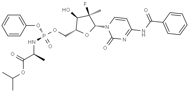 L-Alanine, N-[[P(S),2'R]-N-benzoyl-2'-deoxy-2'-fluoro-2'-methyl-P-phenyl-5'-cytidylyl]-, 1-methylethyl ester Structure