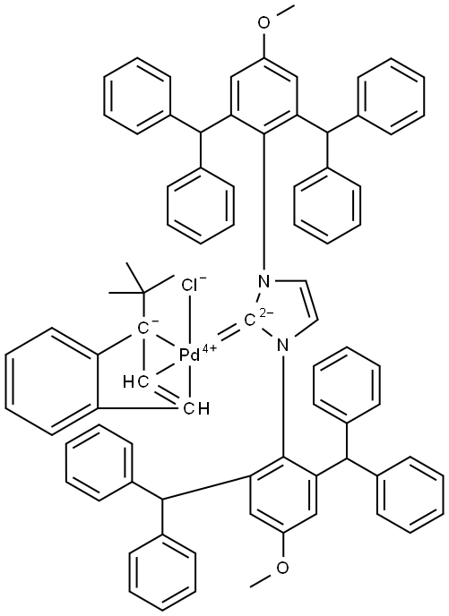 Palladium, [1,3-bis[2,6-bis(diphenylmethyl)-4-methoxyphenyl]-1,3-dihydro-2H-imidazol-2-ylidene]chloro[(1,2,3-η)-1-(1,1-dimethylethyl)-1H-inden-1-yl]- (ACI) Structure