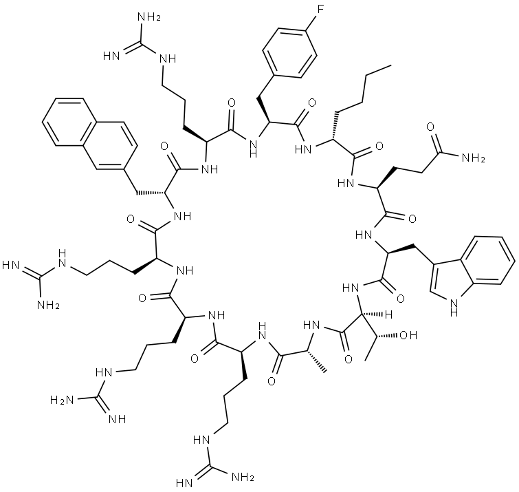 Cyclo[D-alanyl-L-arginyl-L-arginyl-L-arginyl-3-(2-naphthalenyl)-D-alanyl-L-arginyl-4-fluoro-L-phenylalanyl-D-norleucyl-L-glutaminyl-L-tryptophyl-L-threonyl] Structure