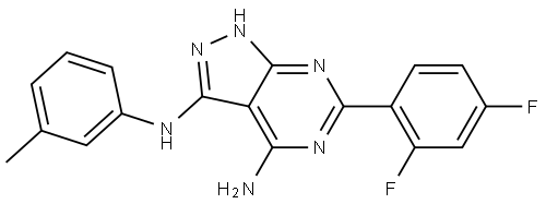 1H-Pyrazolo[3,4-d]pyrimidine-3,4-diamine, 6-(2,4-difluorophenyl)-N3-(3-methylphenyl)- Structure