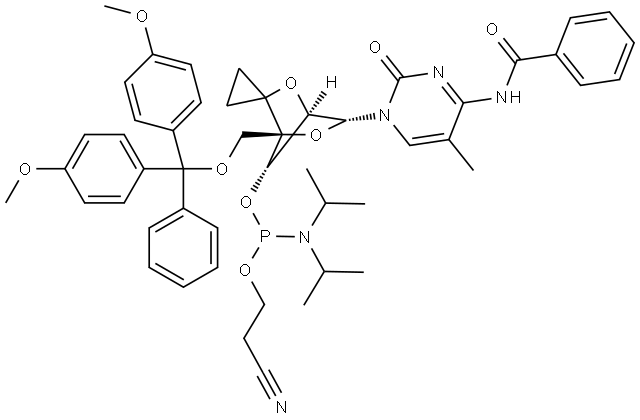 Phosphoramidous acid, N,?N-?bis(1-?methylethyl)?-?, (1'R,?4'R,?6'R,?7'S)?-?6'-?[4-?(benzoylamino)?-?5-?methyl-?2-?oxo-?1(2H)?-?pyrimidinyl]?-?4'-?[[bis(4-?methoxyphenyl)?phenylmethoxy]?methyl]?spiro[cyclopropane-?1,?3'-?[2,?5]?dioxabicyclo[2.2.1]?hept]?-?7'-?yl 2-?cyanoethyl ester Structure