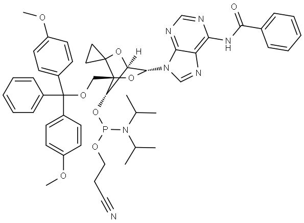 Phosphoramidous acid, N,?N-?bis(1-?methylethyl)?-?, (1'R,?4'R,?6'R,?7'S)?-?6'-?[6-?(benzoylamino)?-?9H-?purin-?9-?yl]?-?4'-?[[bis(4-?methoxyphenyl)?phenylmethoxy]?methyl]?spiro[cyclopropane-?1,?3'-?[2,?5]?dioxabicyclo[2.2.1]?hept]?-?7'-?yl 2-?cyanoethyl ester Structure