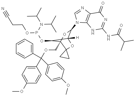 Phosphoramidous acid, N,N-bis(1-methylethyl)-, (1'R,4'R,6'R,7'S)-4'-[[bis(4-methoxyphenyl)phenylmethoxy]methyl]-6'-[1,6-dihydro-2-[(2-methyl-1-oxopropyl)amino]-6-oxo-9H-purin-9-yl]spiro[cyclopropane-1,3'-[2,5]dioxabicyclo[2.2.1]hept]-7'-yl 2-cyanoethyl ester Structure