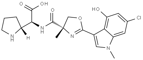 2-Pyrrolidineacetic acid, α-[[[(4S)-2-(6-chloro-4-hydroxy-1-methyl-1H-indol-3-yl)-4,5-dihydro-4-methyl-4-oxazolyl]carbonyl]amino]-, (αS,2R)- Structure