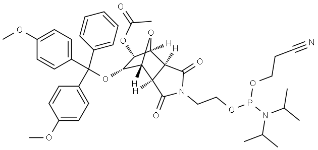 (3aR,4R,5S,6R,7S,7aS)-6-(bis(4-methoxyphenyl)(phenyl)methoxy)-2-(2-(((2-cyanoethoxy)(diisopropylamino)phosphino)oxy)ethyl)-1,3-dioxooctahydro-1H-4,7-epoxyisoindol-5-yl acetate Structure