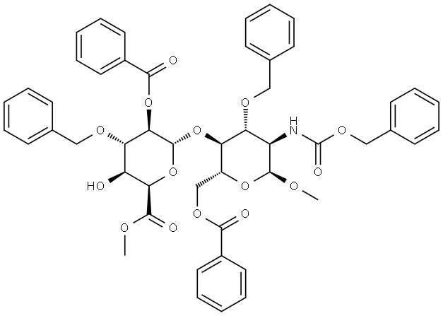 α-D-Glucopyranoside, methyl 4-O-[2-O-benzoyl-6-methyl-3-O-(phenylmethyl)-α-L-idopyranuronosyl]-2-deoxy-2-[[(phenylmethoxy)carbonyl]amino]-3-O-(phenylmethyl)-, 6-benzoate Structure