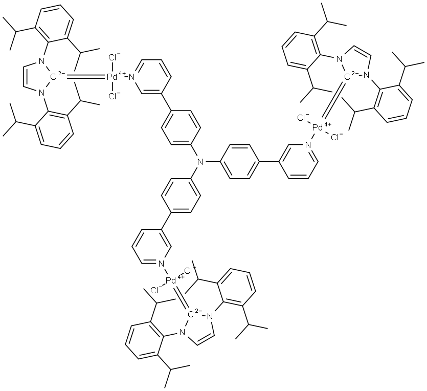 Palladium,tris[1,3-bis[2,6-bis(1-methylethyl)phenyl]-1,3-dihydro-2H-imidazol-2-ylidene]hexachloro[μ3-[4-(3-pyridinyl-κN)-N,N-bis[4-(3-pyridinyl-κN)phenyl]benzenamine]]tri-, stereoisomer (ACI) Structure