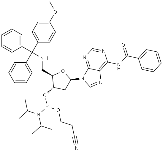 Adenosine, N-benzoyl-2',5'-dideoxy-5'-[[(4-methoxyphenyl)diphenylmethyl]amino]-3'-[2-cyanoethyl bis(1-methylethyl)phosphoramidite] Structure