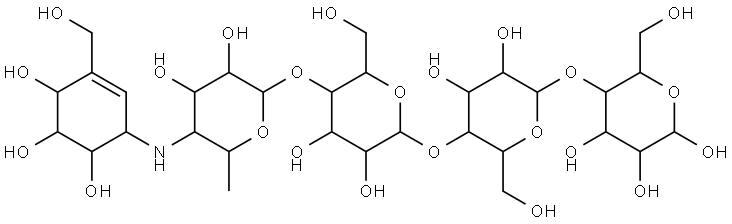 5-((5-((5-((3,4-dihydroxy-6-methyl-5-((4,5,6-trihydroxy-3-(hydroxymethyl)cyclohex-2-en-1-yl)amino)tetrahydro-2H-pyran-2-yl)oxy)-3,4-dihydroxy-6-(hydroxymethyl)tetrahydro-2H-pyran-2-yl)oxy)-3,4-dihydroxy-6-(hydroxymethyl)tetrahydro-2H-pyran-2-yl)oxy)-6-(hydroxymethyl)tetrahydro-2H-pyran-2,3,4-triol Structure