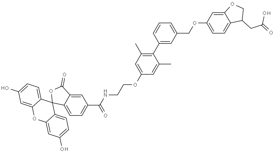 (S)-5-((2-((3'-(((3-(carboxymethyl)-2,3-dihydrobenzofuran-6-yl)oxy)methyl)-2,6-dimethyl-[1,1'-biphenyl]-4-yl)oxy)ethyl)carbamoyl)-2-(6-hydroxy-3-oxo-3H-xanthen-9-yl)benzoic acid Structure