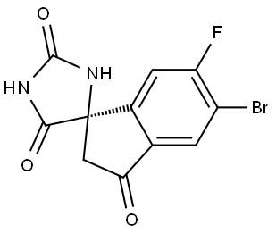 Spiro[imidazolidine-4,1′-[1H]indene]-2,3′,5(2′H)-trione, 5′-bromo-6′-fluoro-, (1′R)- Structure