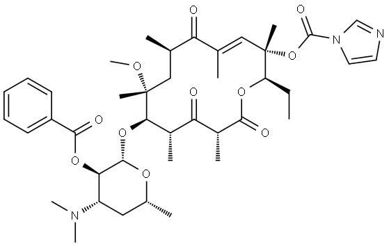 Erythromycin, 3-de[(2,6-dideoxy-3-C-methyl-3-O-methyl-α-L-ribo-hexopyranosyl)oxy]-10,11-didehydro-11-deoxy-6-O-methyl-3-oxo-, 2'-benzoate 12-(1H-imidazole-1-carboxylate), (10E)- Structure