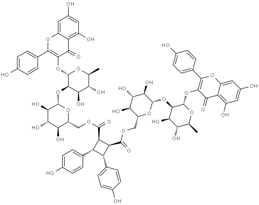 4H-1-Benzopyran-4-one, 3,3'-[6'',6''''-O-[[(1α,2α,3β,4β)-3,4-bis(4-hydroxyphenyl)-1,2-cyclobutanediyl]dicarbonyl]]bis[(6-deoxy-2-O-β-D-glucopyranosyl-α-L-mannopyranosyl)oxy]]bis[5,7-dihydroxy-2-(4-hydroxyphenyl)- Structure