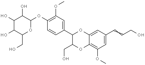 β-D-Glucopyranoside, 4-[trans-2,3-dihydro-3-(hydroxymethyl)-7-[(1E)-3-hydroxy-1-propenyl]-5-methoxy-1,4-benzodioxin-2-yl]-2-methoxyphenyl (9CI) Structure