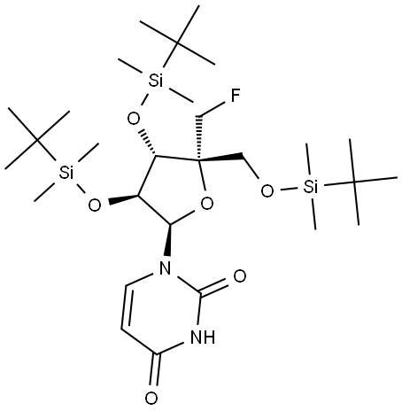 1-[2,3,5-Tris-O-[(1,1-dimethylethyl)dimethylsilyl]-4-C-(fluoromethyl)-β-D-arabinofuranosyl]-2,4(1H,3H)-pyrimidinedione Structure