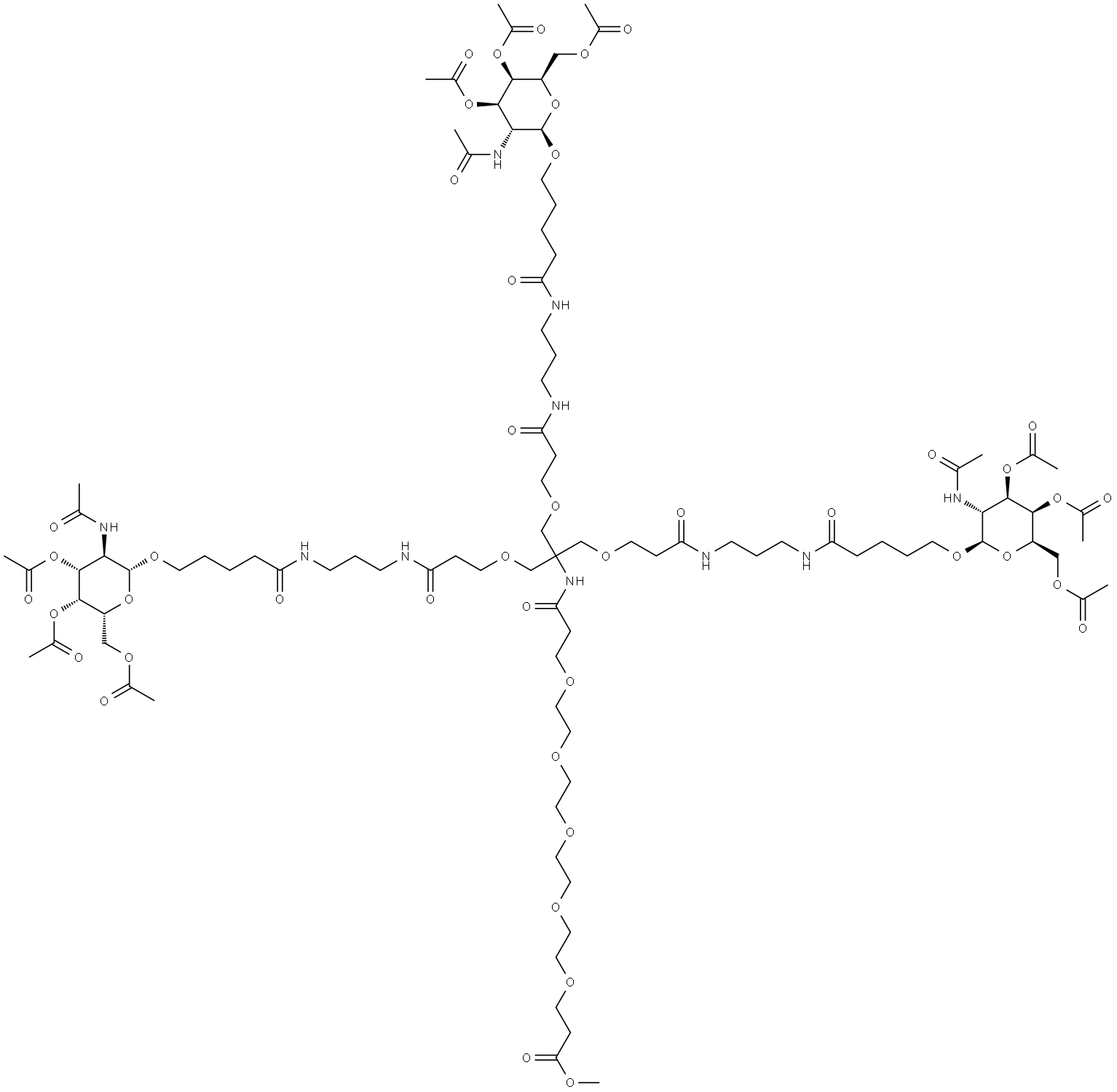 4,7,10,13,16,23-Hexaoxa-20,27,31-triazahexatriacontanoic acid, 19,26,32-trioxo-21,21-bis[[3-oxo-3-[[3-[[1-oxo-5-[[3,4,6-tri-O-acetyl-2-(acetylamino)-2-deoxy-β-D-galactopyranosyl]oxy]pentyl]amino]propyl]amino]propoxy]methyl]-36-[[3,4,6-tri-O-acetyl-2-(acetylamino)-2-deoxy-β-D-galactopyranosyl]oxy]-, methyl ester Structure