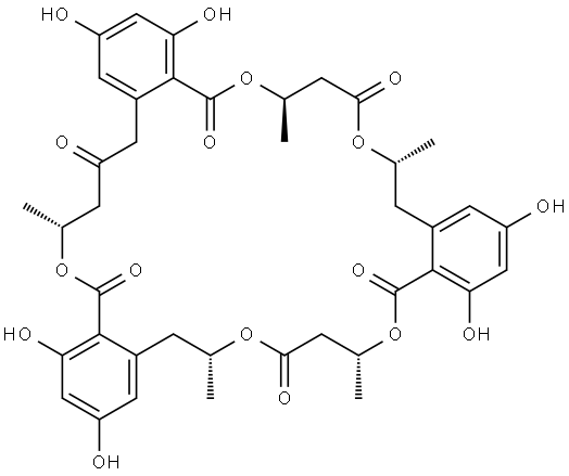 5H,7H,11H,19H,23H-Tribenzo[h,r,z][1,5,11,15,21]pentaoxacyclooctacosin-5,9,17,21,29,33(8H,12H,20H,24H,34H)-hexone, 31,32-dihydro-2,4,14,16,26,28-hexahydroxy-7,11,19,23,31-pentamethyl-, (7R,11R,19R,23R,31R)- Structure