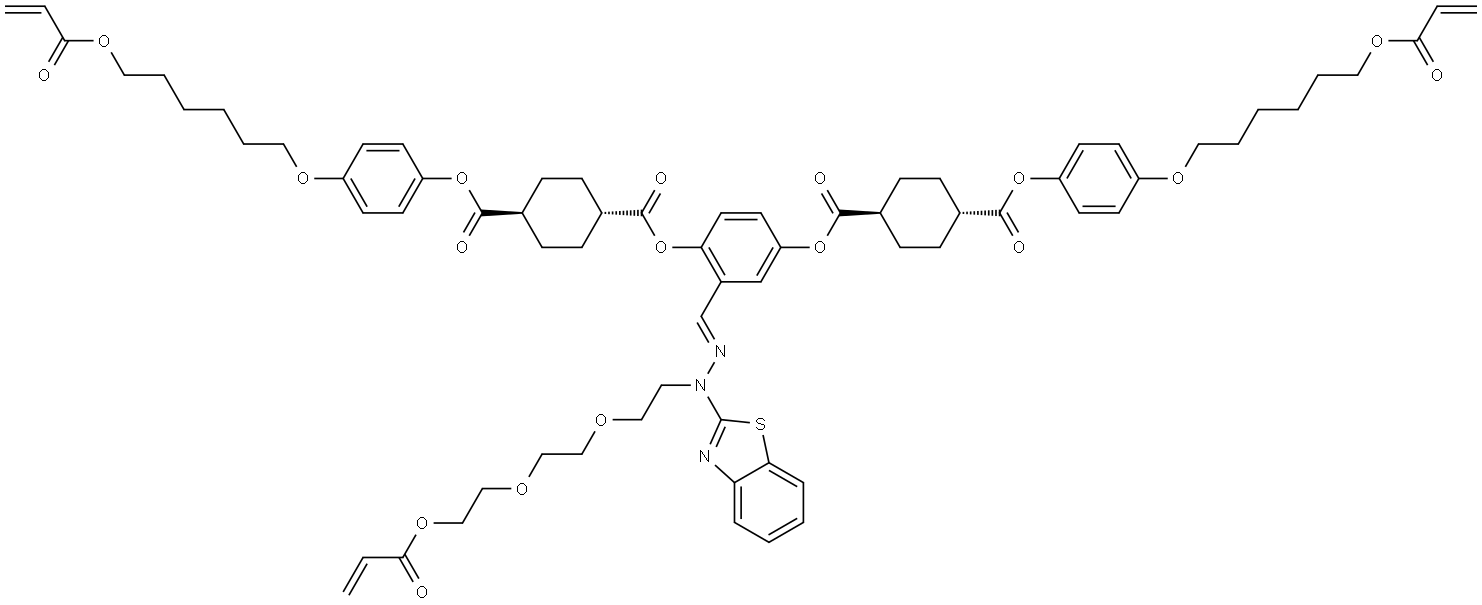 1,4-Cyclohexanedicarboxylic acid, 1,1′-[2-[(1E)-3-(2-benzothiazolyl)-13-oxo-6,9,12-trioxa-2,3-diazapentadeca-1,14-dien-1-yl]-1,4-phenylene] 4,4′-bis[4-[[6-[(1-oxo-2-propen-1-yl)oxy]hexyl]oxy]phenyl] ester, (trans,trans)- Structure