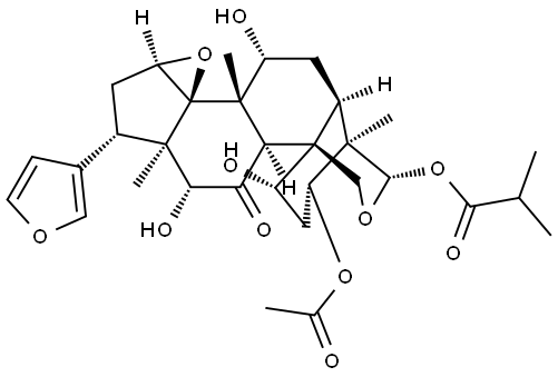 24-Norchola-20,22-diene-4-carboxaldehyde, 3-(acetyloxy)-14,15:21,23-diepoxy-1,7,12,19-tetrahydroxy-4,8-dimethyl-11-oxo-, cyclic 4,19-[2-methyl-1-oxopropyl (S)-acetal], (1α,3α,4β,5α,7α,12α,13α,14β,15β,17α)- Structure