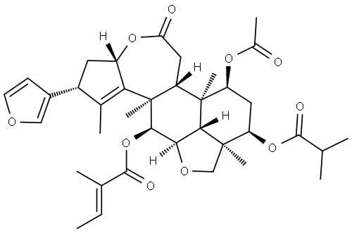 2-Butenoic acid, 2-methyl-, (2R,3aS,6aR,6bR,7S,9R,9aR,11aR,12S,12aR,12cR)-7-(acetyloxy)-2-(3-furanyl)-3a,5,6,6a,6b,7,8,9,9a,10,11a,12,12a,12c-tetradecahydro-1,6b,9a,12a-tetramethyl-9-(2-methyl-1-oxopropoxy)-5-oxo-2H,5H-cyclopent[a]isobenzofuro[7,1-gh][3]benzoxepin-12-yl ester, (2E)- Structure