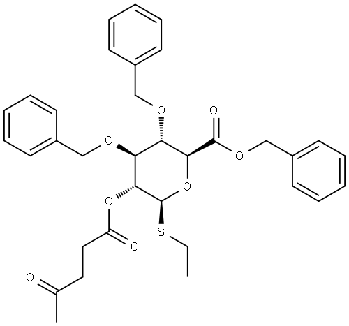 β-D-Glucopyranosiduronic acid, ethyl 3,4-bis-O-(phenylmethyl)-1-thio-, phenylmethyl ester, 2-(4-oxopentanoate) Structure