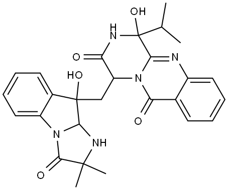 2H-Pyrazino[2,1-b]quinazoline-3,6(1H,4H)-dione, 1-hydroxy-1-(1-methylethyl)-4-[(2,3,9,9a-tetrahydro-9-hydroxy-2,2-dimethyl-3-oxo-1H-imidazo[1,2-a]indol-9-yl)methyl]- Structure