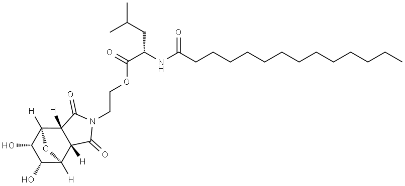 (S)-2-((3aR,4R,5S,6R,7S,7aS)-5,6-dihydroxy-1,3-dioxohexahydro-1H-4,7-epoxyisoindol-2(3H)-yl)ethyl 4-methyl-2-tetradecanamidopentanoate Structure