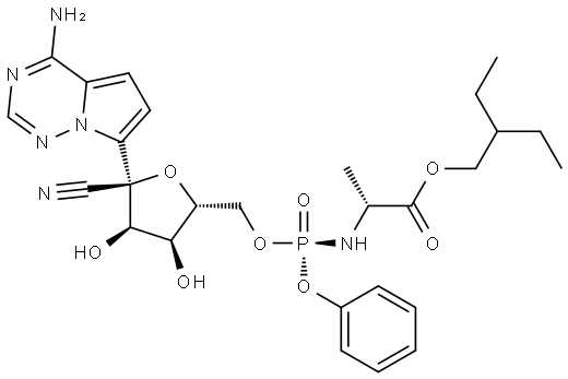 2-ethylbutyl ((R)-(((2R,3S,4R,5R)-5-(4-aminopyrrolo[2,1-f][1,2,4]triazin-7-yl)-5-cyano-3,4-dihydroxytetrahydrofuran-2-yl)methoxy)(phenoxy)phosphoryl)-L-alaninate Structure