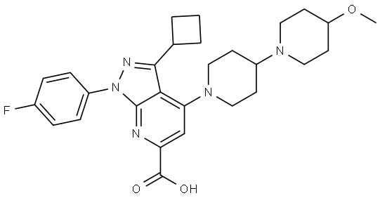 3-cyclobutyl-1-(4-fluorophenyl)-4-(4-methoxy-[1,4'-bipiperidin]-1'-yl)-1H-pyrazolo[3,4-b]pyridine-6-carboxylic acid 구조식 이미지