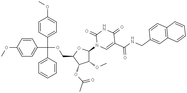 5-Naphthyl-beta-methylaminocarbony-3'-O-acetyl-2'-O-methl-5'-O-DMTr-uridine Structure