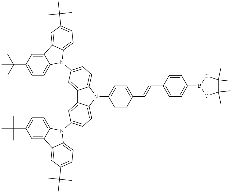 9,3′:6′,9′′-Ter-9H-carbazole, 3,3′′,6,6′′-tetrakis(1,1-dimethylethyl)-9′-[4-[(1E)-2-[4-(4,4,5,5-tetramethyl-1,3,2-dioxaborolan-2-yl)phenyl]ethenyl]phenyl]- Structure