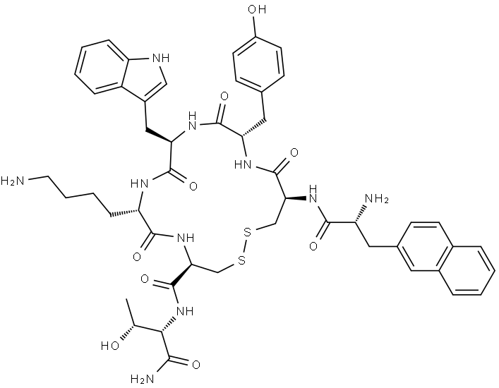 L-Threoninamide, 3-(2-naphthalenyl)-D-alanyl-L-cysteinyl-L-tyrosyl-D-tryptophyl-L-lysyl-L-cysteinyl-, cyclic (2→6)-disulfide (9CI) Structure