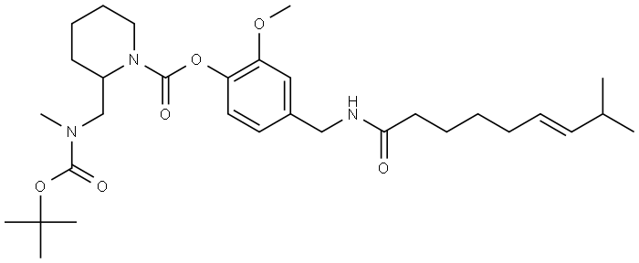 (E)-2-methoxy-4-((8-methylnon-6-enamido)methyl)phenyl 2-(((tert-butoxycarbonyl)(methyl)amino)methyl)piperidine-1-carboxylate Structure