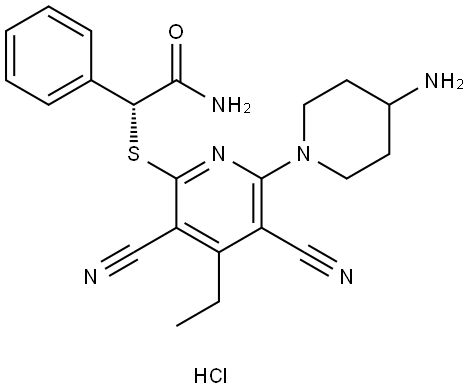 Benzeneacetamide, α-[[6-(4-amino-1-piperidinyl)-3,5-dicyano-4-ethyl-2-pyridinyl]thio]-, hydrochloride (1:1), (αR)- Structure