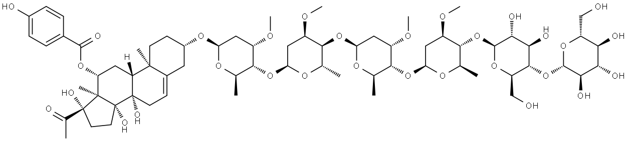 Pregn-5-en-20-one, 3-[(O-β-D-glucopyranosyl-(1→4)-O-β-D-glucopyranosyl-(1→4)-O-2,6-dideoxy-3-O-methyl-β-D-arabino-hexopyranosyl-(1→4)-O-2,6-dideoxy-3-O-methyl-β-D-ribo-hexopyranosyl-(1→4)-O-2,6-dideoxy-3-O-methyl-α-L-ribo-hexopyranosyl-(1→4)-2,6-dideoxy-3-O-methyl-β-D-ribo-hexopyranosyl)oxy]-8,14,17-trihydroxy-12-[(4-hydroxybenzoyl)oxy]-, (3β,12β,14β,17α)- Structure