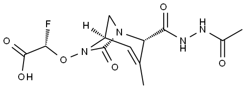 1,6-Diazabicyclo[3.2.1]oct-3-ene-2-carboxylic
acid, 6-[(S)-carboxyfluoromethoxy]-3-methyl-
7-oxo-, 2-(2-acetylhydrazide), (1R,2S,5R)- Structure