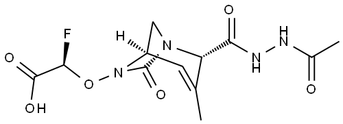 1,6-Diazabicyclo[3.2.1]oct-3-ene-2-carboxylic
acid, 6-[(R)-carboxyfluoromethoxy]-3-methyl-
7-oxo-, 2-(2-acetylhydrazide), (1R,2S,5R)- Structure