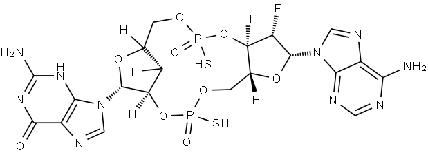 Guanosine, 2'-deoxy-2'-fluoro-5'-O-(hydroxymercaptophosphinyl)-P-thio-β-D-arabino-adenylyl-(3'→5')-3'-deoxy-3'-fluoro-, cyclic nucleotide Structure