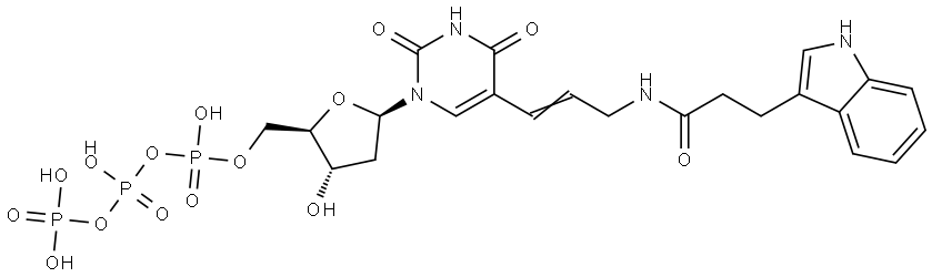 ((2R,3S,5R)-5-(5-((E)-3-(3-(1H-indol-3-yl)propanamido)prop-1-en-1-yl)-2,4-dioxo-3,4-dihydropyrimidin-1(2H)-yl)-3-hydroxytetrahydrofuran-2-yl)methyl tetrahydrogen triphosphate Structure