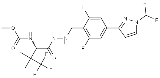 methyl (S)-(1-(2-(4-(1-(difluoromethyl)-1H-pyrazol-3-yl)-2,6-difluorobenzyl)hydrazinyl)-4,4,4-trifluoro-3,3-dimethyl-1-oxobutan-2-yl)carbamate Structure