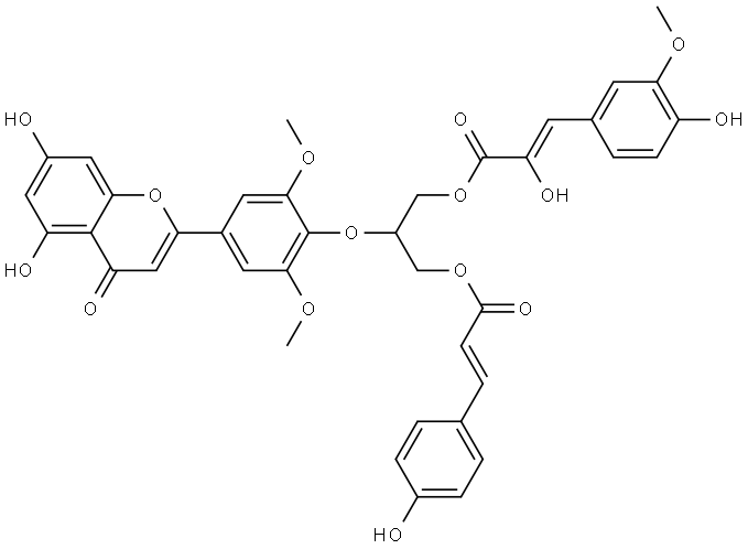 2-Propenoic acid, 2-hydroxy-3-(4-hydroxy-3-methoxyphenyl)-, 2-[4-(5,7-dihydroxy-4-oxo-4H-1-benzopyran-2-yl)-2,6-dimethoxyphenoxy]-3-[[(2E)-3-(4-hydroxyphenyl)-1-oxo-2-propen-1-yl]oxy]propyl ester, (2Z)- Structure