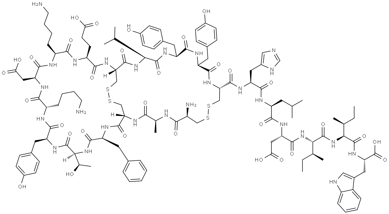 L-Tryptophan, L-cysteinyl-L-alanyl-L-cysteinyl-L-phenylalanyl-L-threonyl-L-tyrosyl-L-lysyl-L-α-aspartyl-L-lysyl-L-α-glutamyl-L-cysteinyl-L-valyl-L-tyrosyl-L-tyrosyl-L-cysteinyl-L-histidyl-L-leucyl-L-α-aspartyl-L-isoleucyl-L-isoleucyl-, cyclic (1→15),(3→11)-bis(disulfide) Structure