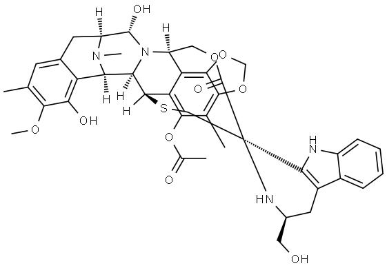 Spiro[6,16-(epithiopropanoxymethano)-7,13-imino-12H-1,3-dioxolo[7,8]isoquino[3,2-b][3]benzazocine-20,1'-[1H]pyrido[3,4-b]indol]-19-one, 5-(acetyloxy)-2',3',4',6,6a,7,9',13,14,16-decahydro-8,14-dihydroxy-3'-(hydroxymethyl)-9-methoxy-4,10,23-trimethyl-, (1'R,3'S,6R,6aR,7R,13S,14S,16R)- Structure