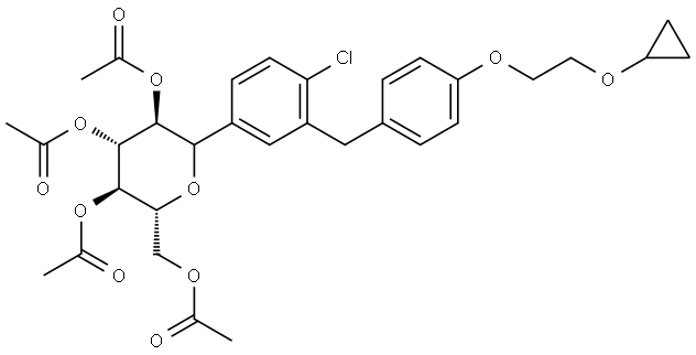 D-Glucitol, 1,5-anhydro-1-C-[4-chloro-3-[[4-[2-(cyclopropyloxy)ethoxy]phenyl]methyl]phenyl]-, 2,3,4,6-tetraacetate Structure