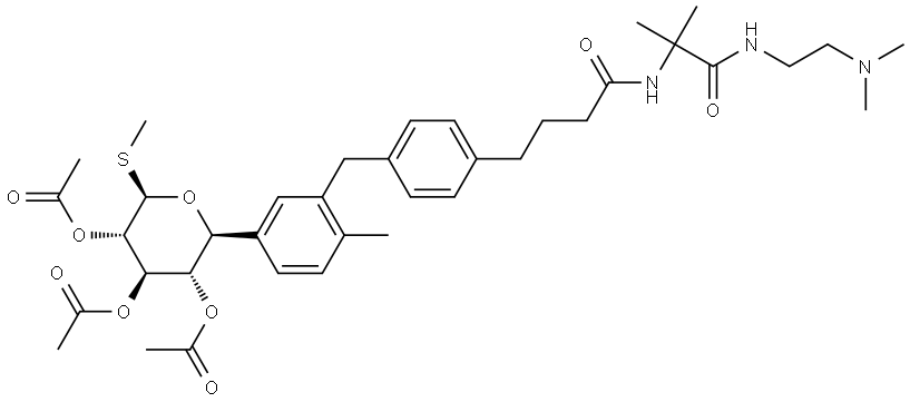 (2S,3S,4R,5S,6R)-2-(3-(4-(4-((1-((2-(dimethylamino)ethyl)amino)-2-methyl-1-oxopropan-2-yl)amino)-4-oxobutyl)benzyl)-4-methylphenyl)-6-(methylthio)tetrahydro-2H-pyran-3,4,5-triyl triacetate Structure