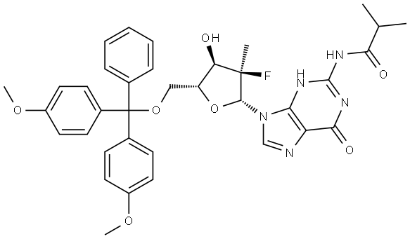 N-(9-[(2R,3R,4R,5R)-5-[(bis(4-methoxyphenyl)(phenyl)methoxy)methyl]-3-fluoro-4-hydroxy-3-methyloxolan-2-yl]-6-oxo-6,9-dihydro-1H-purin-2-yl)-2-methylpropanamide Structure