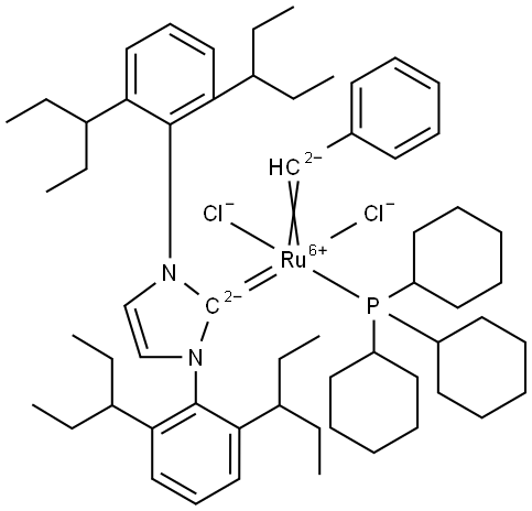 1,3-Bis[2,6-bis(1-ethylpropyl)phenyl]-1,3-dihydro-2H-imidazol-2-ylidene]dichloro(phenylmethylene)(tricyclohexylphosphine)ruthenium Structure